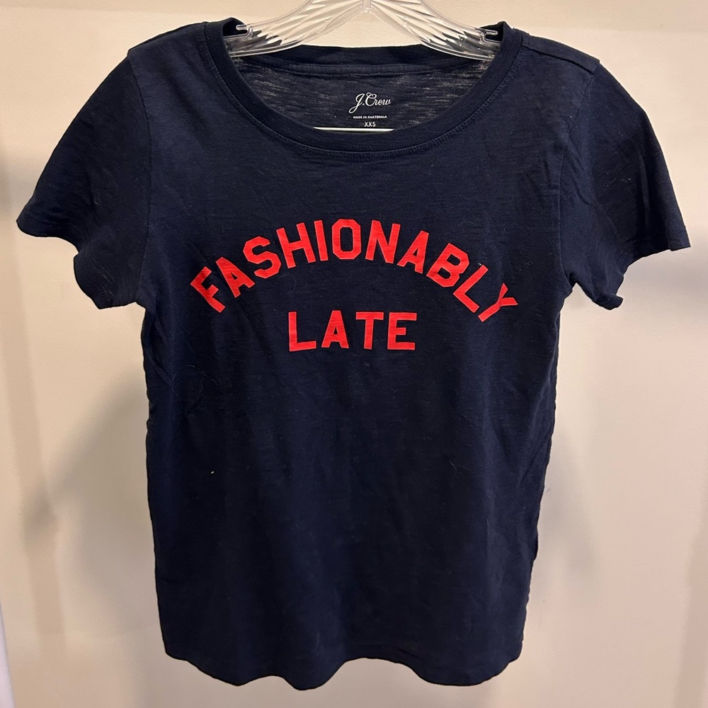 J. Crew Navy Tee with Red 'Fashionably Late' Print
